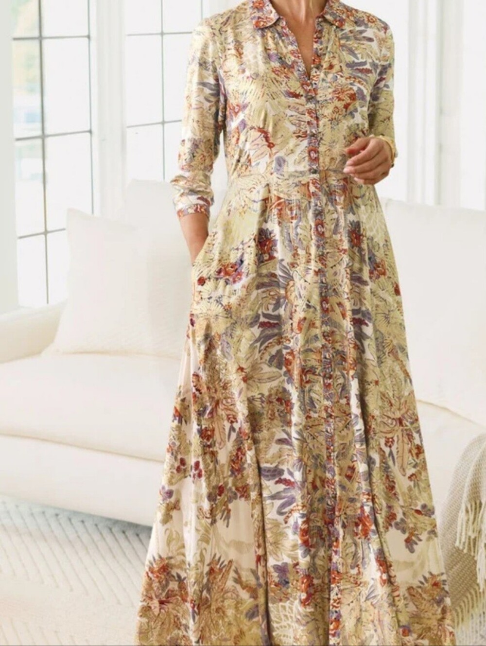 Soft Surroundings Boho Metallic Floral Maxi Collared Shirtdress Sz S - Picture 7 of 16